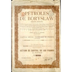 "PÉTROLES DE BORYSLAW" S.A. w Anvers (Belgia). Akcja 100 franków belgijskich niedatowana (nie przed 1920)