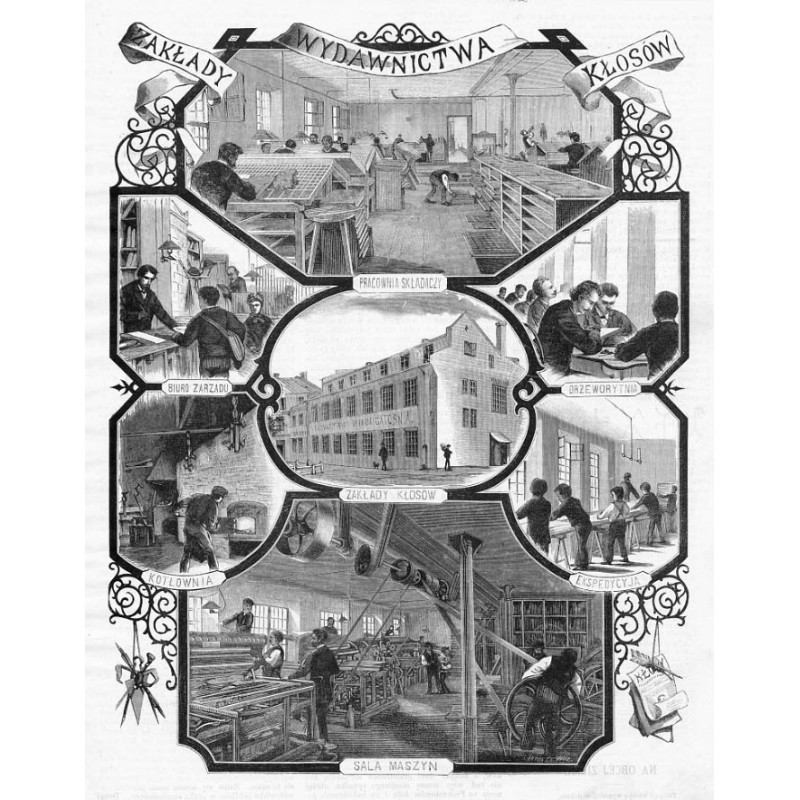 Zakłady Wydawnictwa Kłosów. Pracownia składaczy. Biuro zarządu. Zakłady Kłosów. Drzeworytnia. Kotłownia. Ekspedycja. Sala maszyn