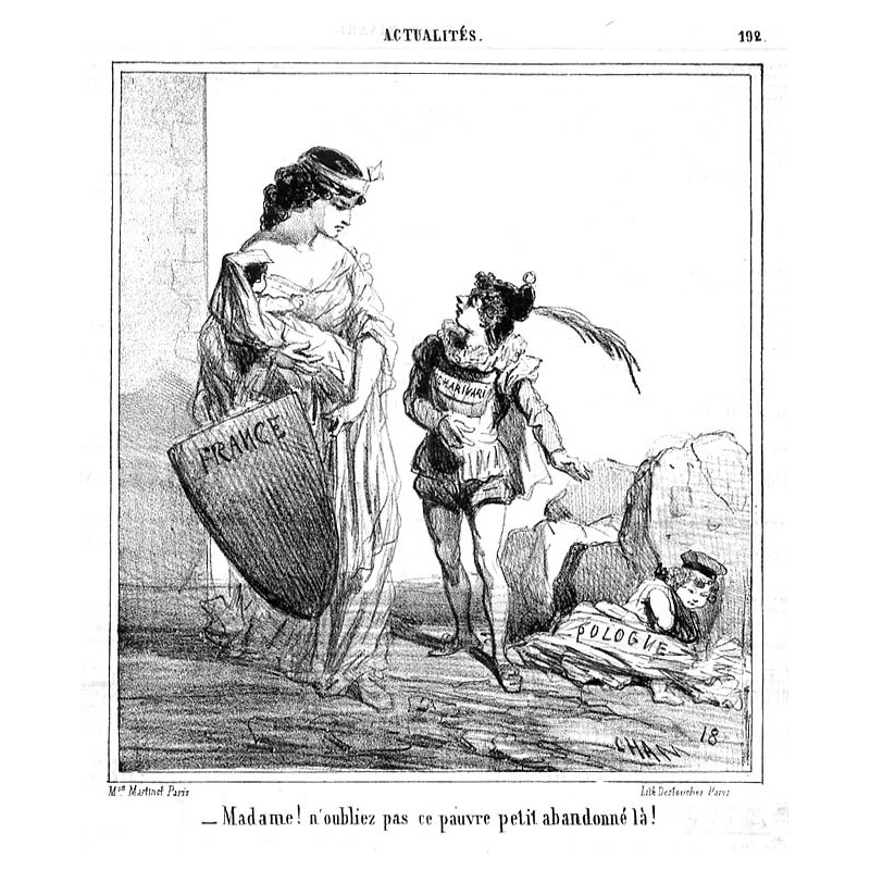 "-Madame! n'oubliez pas ce pauvre petit abandonné la!" / Proszę pani! Proszę nie zapomnieć o tym biednym, porzuconym chłopcu!