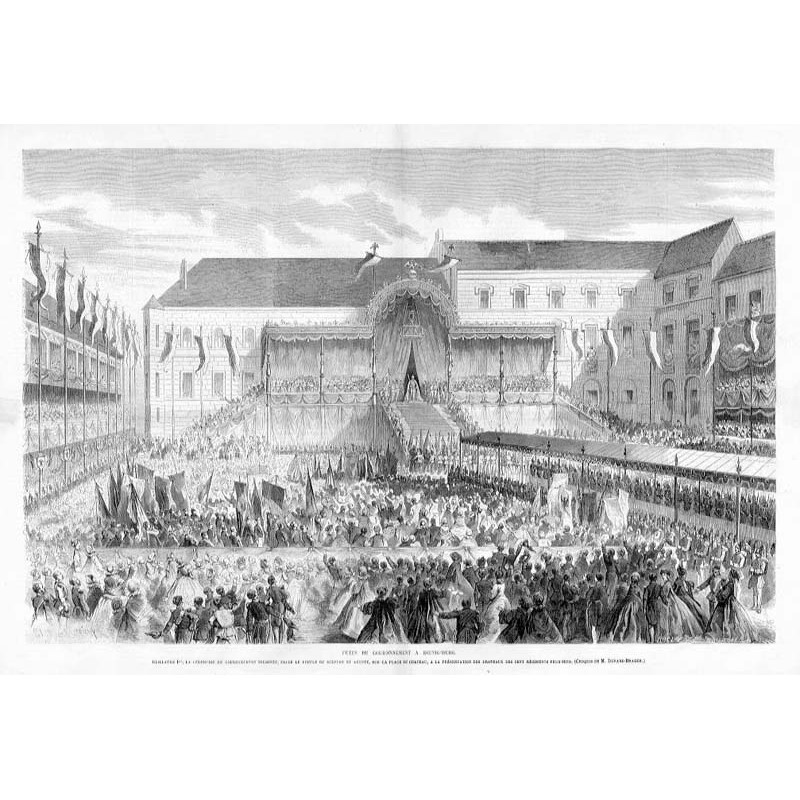 Fètes du Couronnement a Kœnigsberg. Guillaume Ier, la Cerémonie du Couronnement terminée, salue le peuple du sceptre et assiste,