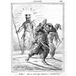 "LIBERTÉ. _Diable! voila un soleil qui commence à chauffer dur!!" / Wolność. Cholera! Słońce zaczyna się robić naprawdę gorące!