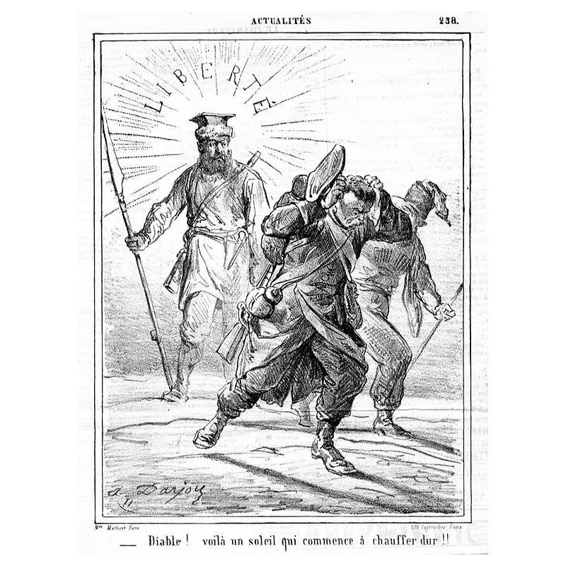 "LIBERTÉ. _Diable! voila un soleil qui commence à chauffer dur!!" / Wolność. Cholera! Słońce zaczyna się robić naprawdę gorące!