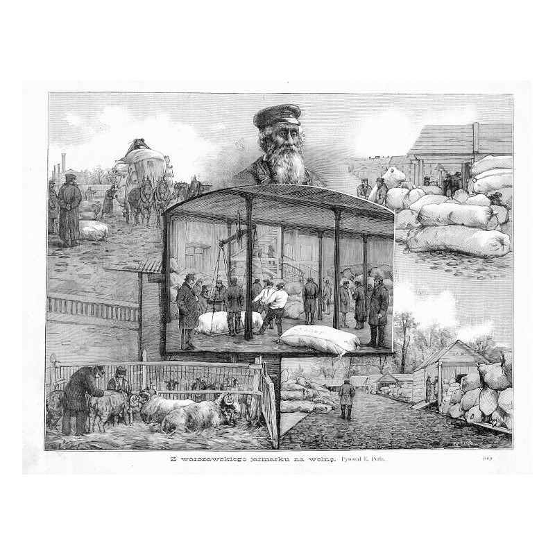 "Z warszawskiego jarmarku na wełnę. Rysował E. Perle. (140)"
