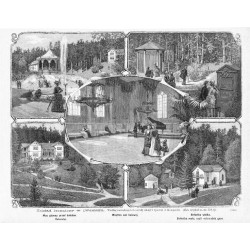 "Zakład leczniczy w Iwoniczu. Według nadesłanych fotografij ułożył i rysował J. Konopacki. [...] (1436) Plac główny przed hotele