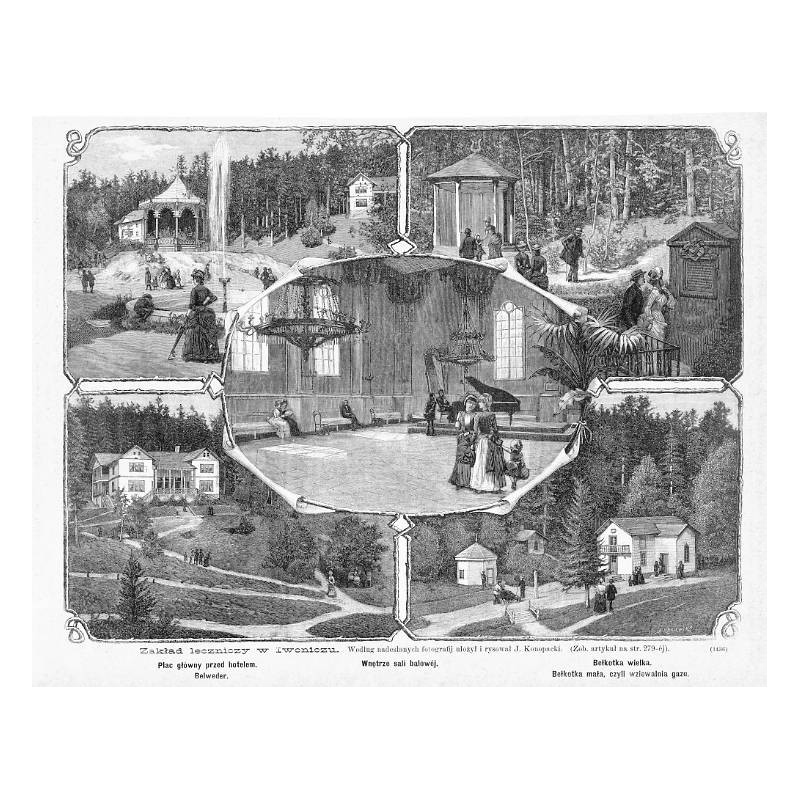 "Zakład leczniczy w Iwoniczu. Według nadesłanych fotografij ułożył i rysował J. Konopacki. [...] (1436) Plac główny przed hotele