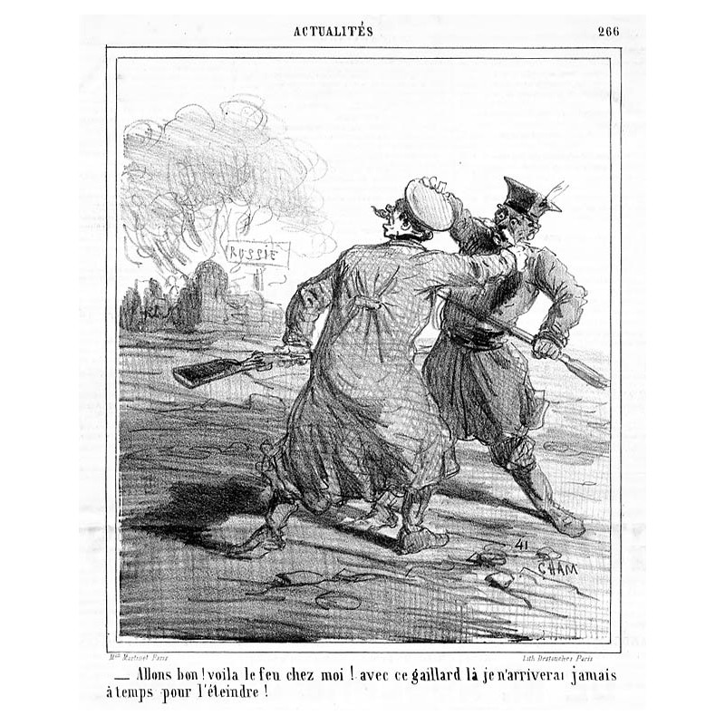 "_ Allons bon! voila le feu chez moi! avec ce gaillard là je n'arriverai jamais à temps pour l'éteindre!" / No dalej! W moim dom
