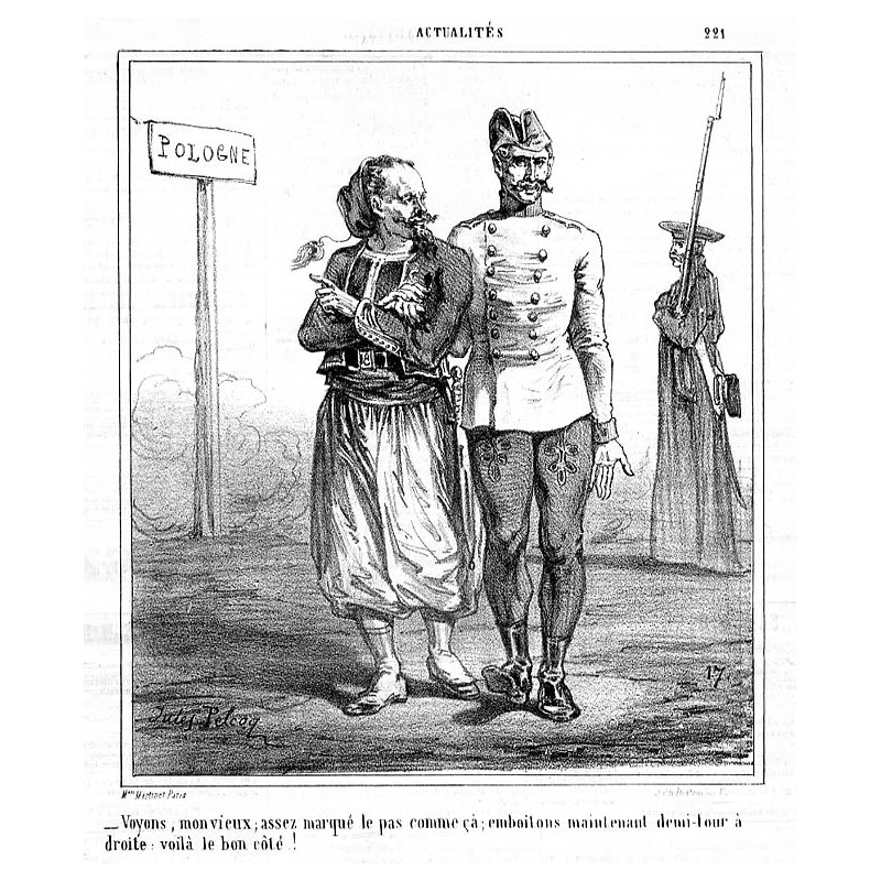 "-Voyons, monvieux assez marqué le pas comme ca emboitons maintenant demi-tour a droite: voila le bon côté!" / No, staruszku,
