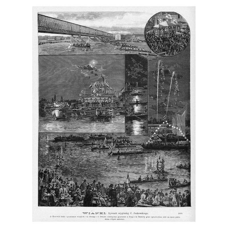 "WIANKI. Rysunek oryginalny C. Jankowskiego. 1) Korowód łodzi i puszczanie wianków.-2) Obrazy.-3) Światło elektryczne puszczane