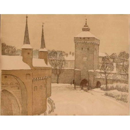 Kraków / "Barbakan i Brama Floriańska w zimie"
