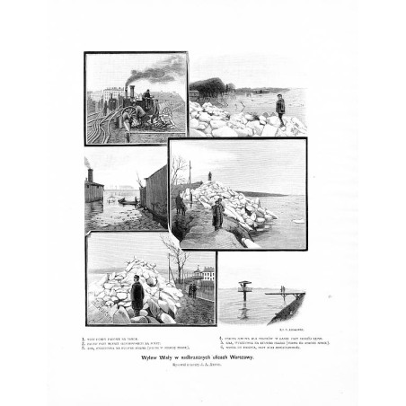 Wylew Wisły w nadbrzeżnych ulicach Warszawy. Rysował z natury J. A. Austen. 1. Trzy pompy parowe na Tamce. 2. Zalew przy młynie