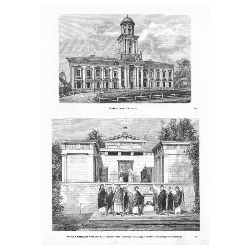 [1] "Gimnazyum w Mitawie. 529" [2] "Scena z Antygony Sofoklesa, odegranéj przez uczniów gimnazyum mitawskiego, w stuletnicę ist