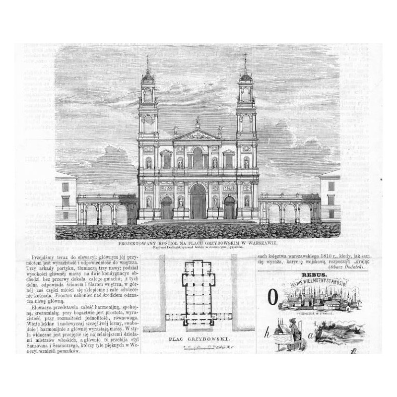 Projektowany kościół na placu Grzybowskim w Warszawie. Rysował Ceglinski, rytował Kübler w drzeworytni Tygodnika / "PROJEKTOWANY