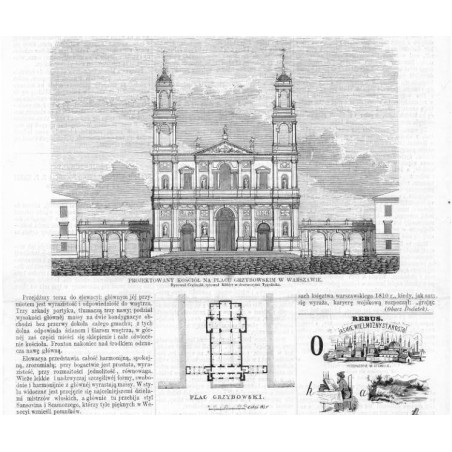 Projektowany kościół na placu Grzybowskim w Warszawie. Rysował Ceglinski, rytował Kübler w drzeworytni Tygodnika / "PROJEKTOWANY