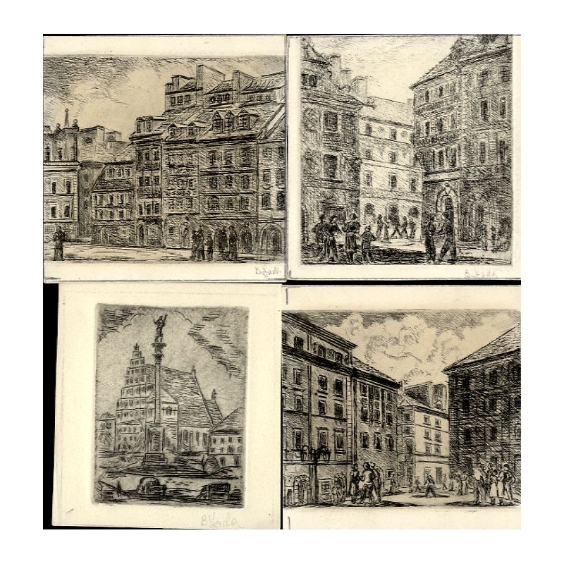 zestaw 4 akwafort Warszawy: 1) Stare Miasto rynek 2) Stare Miasto "Przypiecek" 3) Kolumna Zygmunta na tle Katedry 4) Stare Mi