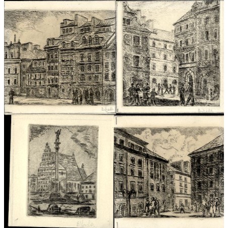 zestaw 4 akwafort Warszawy: 1) Stare Miasto rynek 2) Stare Miasto "Przypiecek" 3) Kolumna Zygmunta na tle Katedry 4) Stare Mi