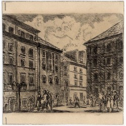 zestaw 4 akwafort Warszawy: 1) Stare Miasto rynek 2) Stare Miasto "Przypiecek" 3) Kolumna Zygmunta na tle Katedry 4) Stare Mi