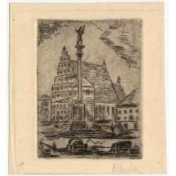 zestaw 4 akwafort Warszawy: 1) Stare Miasto rynek 2) Stare Miasto "Przypiecek" 3) Kolumna Zygmunta na tle Katedry 4) Stare Mi