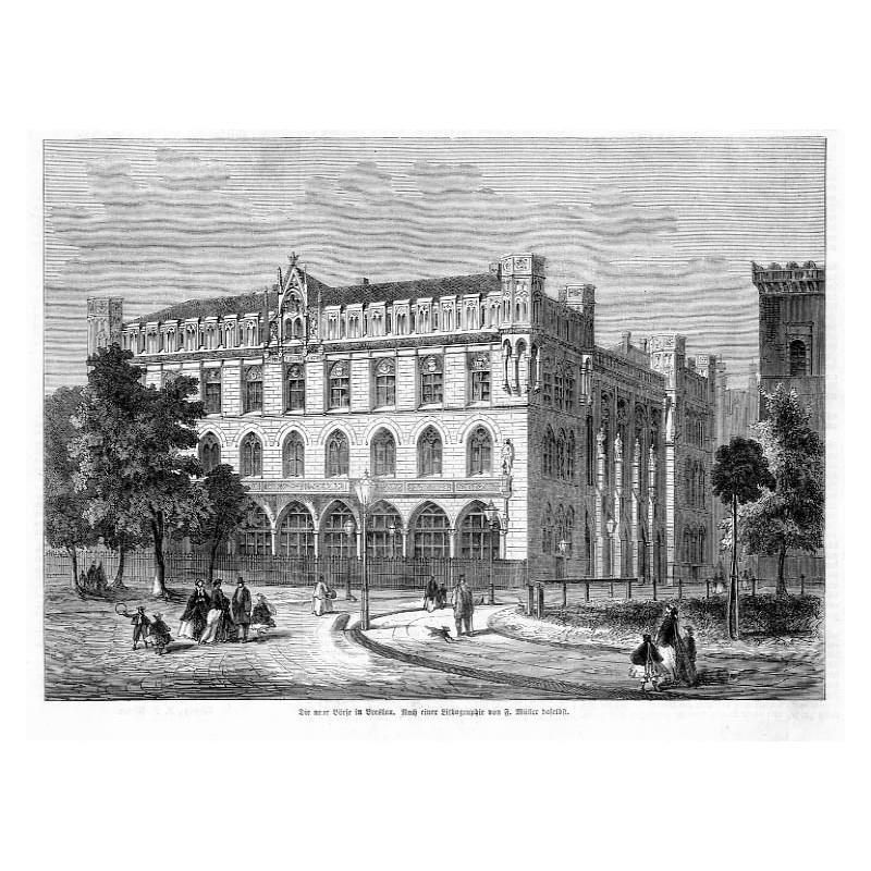 Wrocław. Nowa Giełda / "Die neue Börse in Breslau. Nach einer Lithographie von F. Müller daselbst."