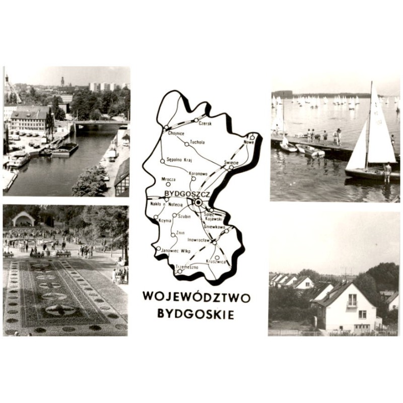 Województwo bydgoskie [...] Na zdjęciach: Bydgoszcz - widok ogólny. Jezioro Charzykowskie. Inowrocław - Park Zdrojowy. Rolniczy