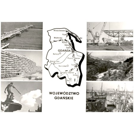 Województwo gdańskie [...] Na zdjęciach: Sopot - molo. Oliwa - falowiec w osiedlu "Przymorze". Gdańsk - Fontanna Neptuna. Gdynia