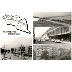 Województwo krośnieńskie [...] Na zdjęciach: Krosno - Pomnik Tysiąclecia na placu Powstańców. Camping w Solinie. Brzozów - Dom T