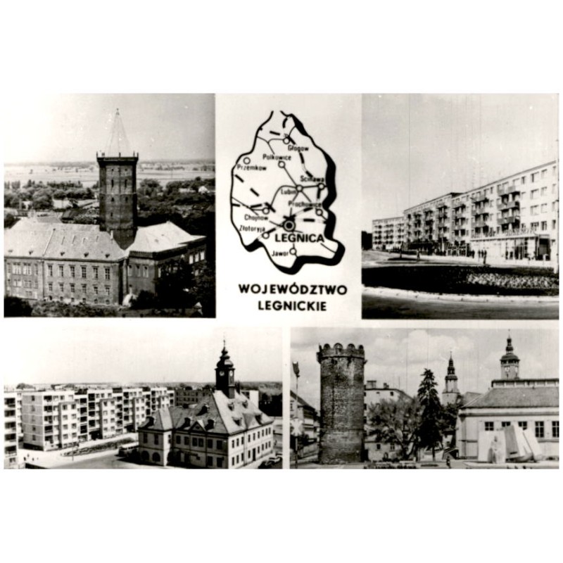 Województwo legnickie [...] Na zdjęciach: Legnica - zamek Piastowski z XIII. - obecnie Studium Nauczycielskie. Głogów - aleja Wo