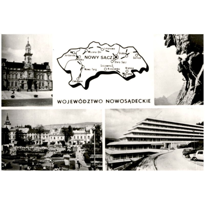 Województwo nowosądeckie [...] Na zdjęciach: Nowy Sącz - ratusz 2 poł. XIX w. Tatry - wspinaczka górska. Nowy Targ - Plac Pokoju