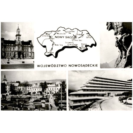 Województwo nowosądeckie [...] Na zdjęciach: Nowy Sącz - ratusz 2 poł. XIX w. Tatry - wspinaczka górska. Nowy Targ - Plac Pokoju