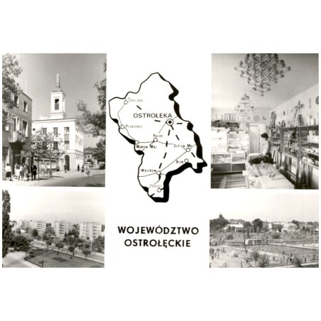 Województwo ostrołęckie [...] Na zdjęciach: Ostrołęka - ratusz. Kadzidło - spółdzielnia wyrobów kurpiowskiej sztuki ludowej. Ost