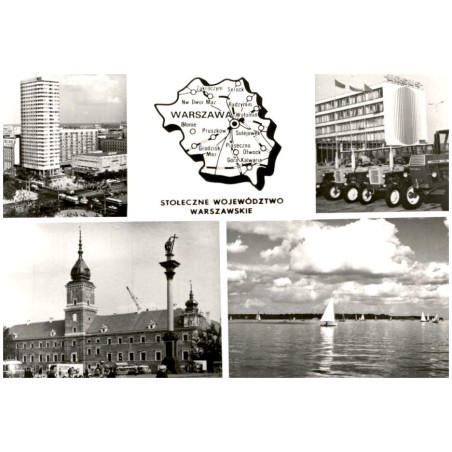 Stołeczne województwo warszawskie [...] Na zdjęciach: Warszawa - fragment śródmieścia, Zamek Królewski - stan po odbudowie, lipi