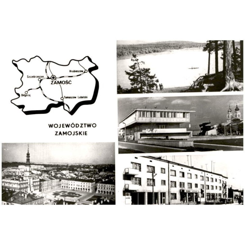 Województwo zamojskie [...] Na zdjęciach: Zamość - widok ogólny. Zwierzyniec - krajobraz. Biłgoraj - fragment rynku, na pierwszy