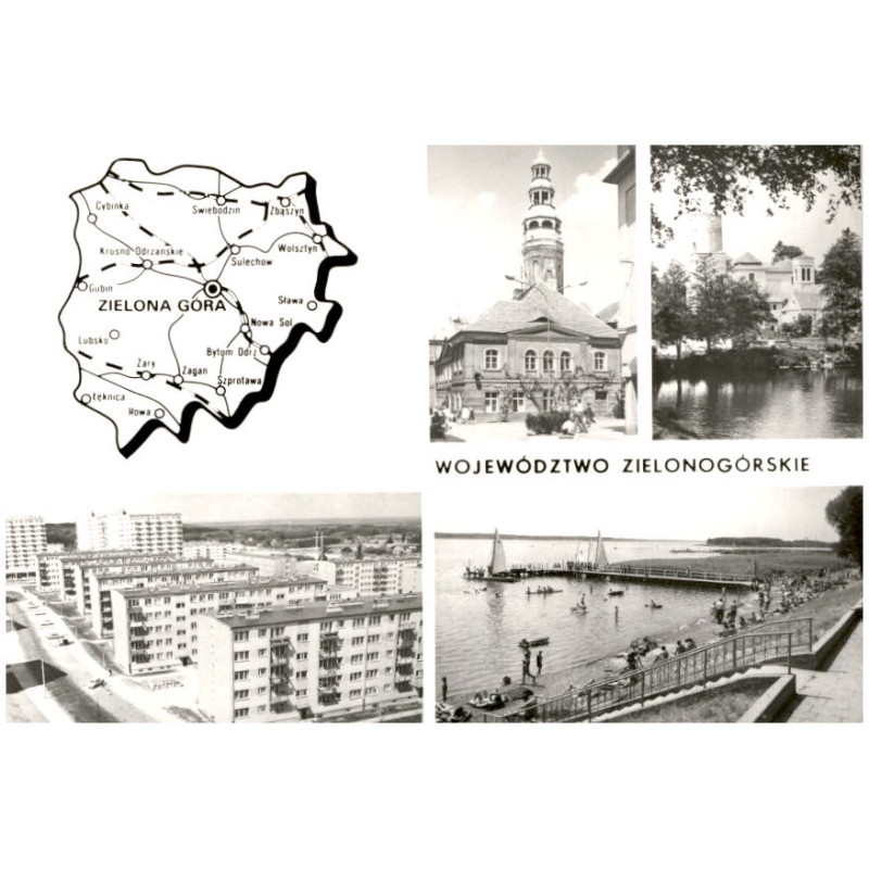 Województwo zielonogórskie [...] Na zdjęciach: Zielona Góra - ratusz osiedle na Wzgórzach Piastowskich. Łagów - zamek. Ośrodek