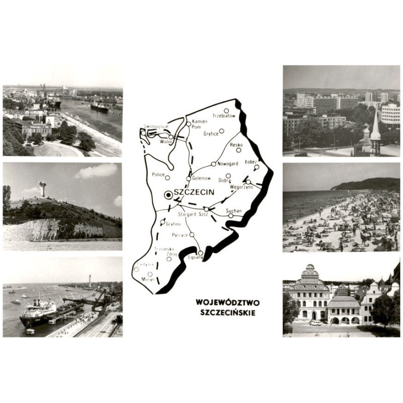 Województwo szczecińskie [...] Na zdjęciach: Szczecin - port na Odrze widok ogólny. Cedynia - Pomnik Polskiego Zwycięstwa nad O