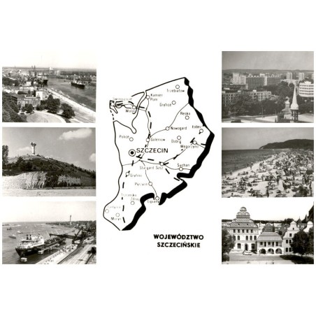 Województwo szczecińskie [...] Na zdjęciach: Szczecin - port na Odrze widok ogólny. Cedynia - Pomnik Polskiego Zwycięstwa nad O