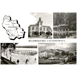 Województwo ciechanowskie. [...] Na zdjęciach: Ciechanów - ratusz. Pułtusk - Stanica Wodna PTTK. Lidzbark Welski - plaża nad Jez