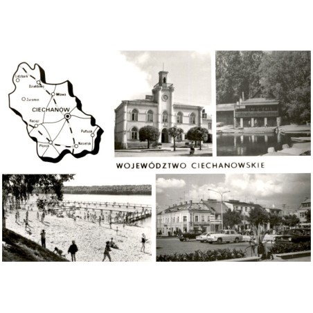 Województwo ciechanowskie. [...] Na zdjęciach: Ciechanów - ratusz. Pułtusk - Stanica Wodna PTTK. Lidzbark Welski - plaża nad Jez