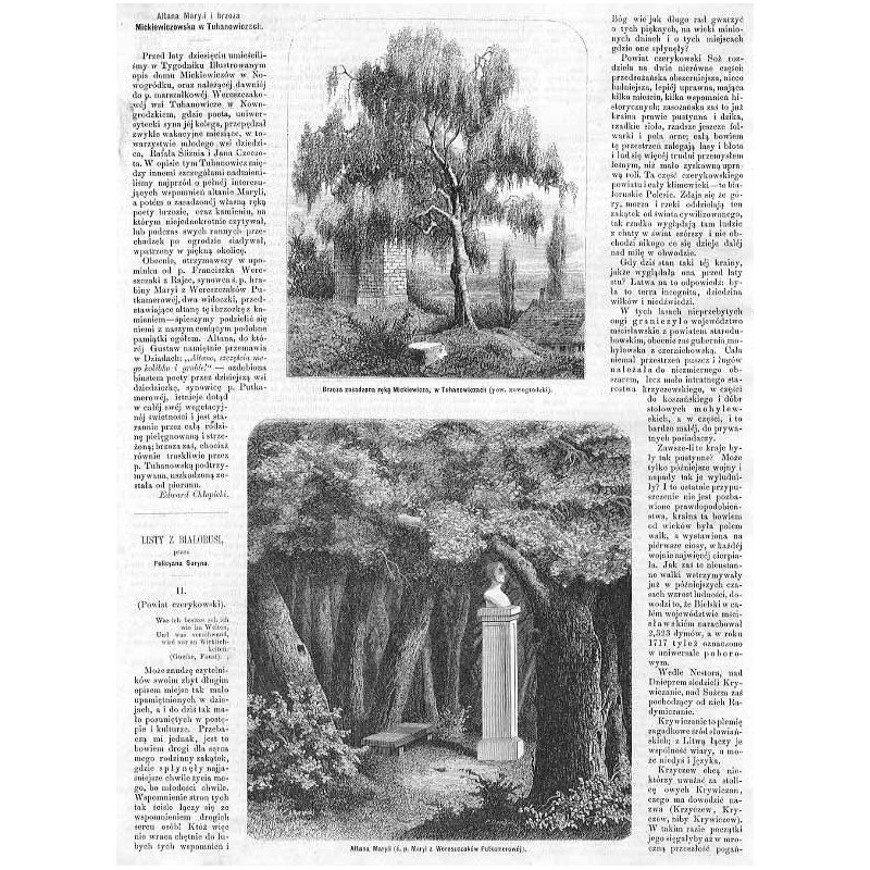 [1] "Brzoza zasadzona ręką Mickiewicza, w Tuhanowiczach (pow. nowogrodzki)." [2] "Altana Maryli (ś. p. Maryi z Wereszczaków Put