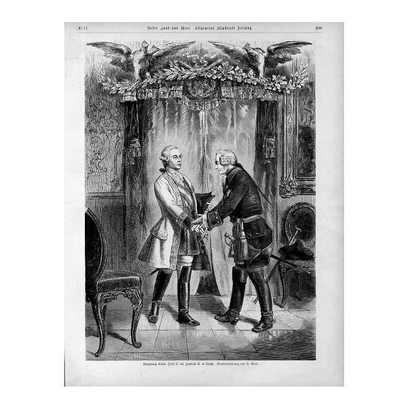 "Begegnung Kaiser Josef II. mit Friedrich II. in Neisse. Originalzeichnung von A. Greil."
