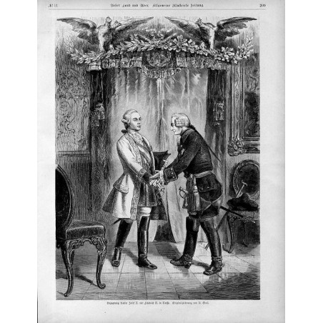 "Begegnung Kaiser Josef II. mit Friedrich II. in Neisse. Originalzeichnung von A. Greil."