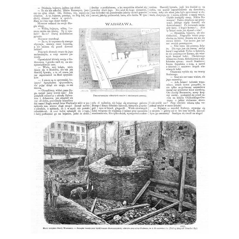 WARSZAWA. 1) "Plan sytuacyjny odkrytych murów i okolicznych posesyj." 2) "Mury miejskie Staréj Warszawy. - Szczątki baszty przy