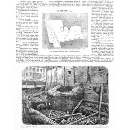 WARSZAWA. 1) "Plan sytuacyjny odkrytych murów i okolicznych posesyj." 2) "Mury miejskie Staréj Warszawy. - Szczątki baszty przy