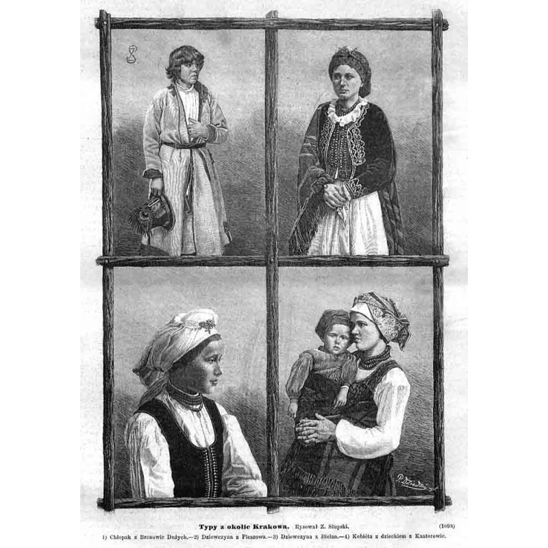 "Typy z okolic Krakowa. Rysował Z. Słupski. 1) Chłopak z Bronowic  Dużych. 2) Dziewczyna z Pleszowa. 3) Dziewczyna z Bielan. 4)