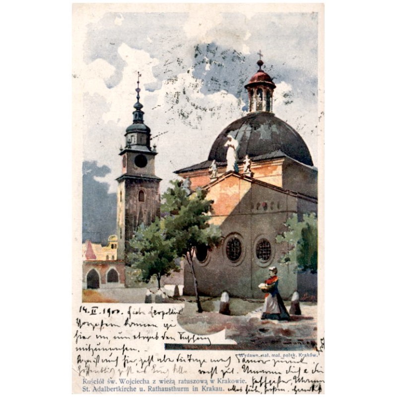 Kościół św. Wojciecha z wieżą ratuszową w Krakowie. St. Adalbertkirche u. Rathausthurm in Krakau.