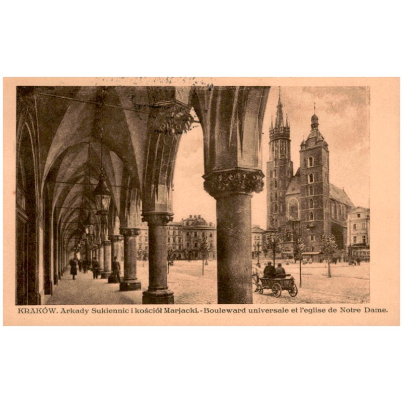 Kraków. Arkady Sukiennic i kościół Marjacki. - Bouleverd universale et l'eglise de Notre Dame.
