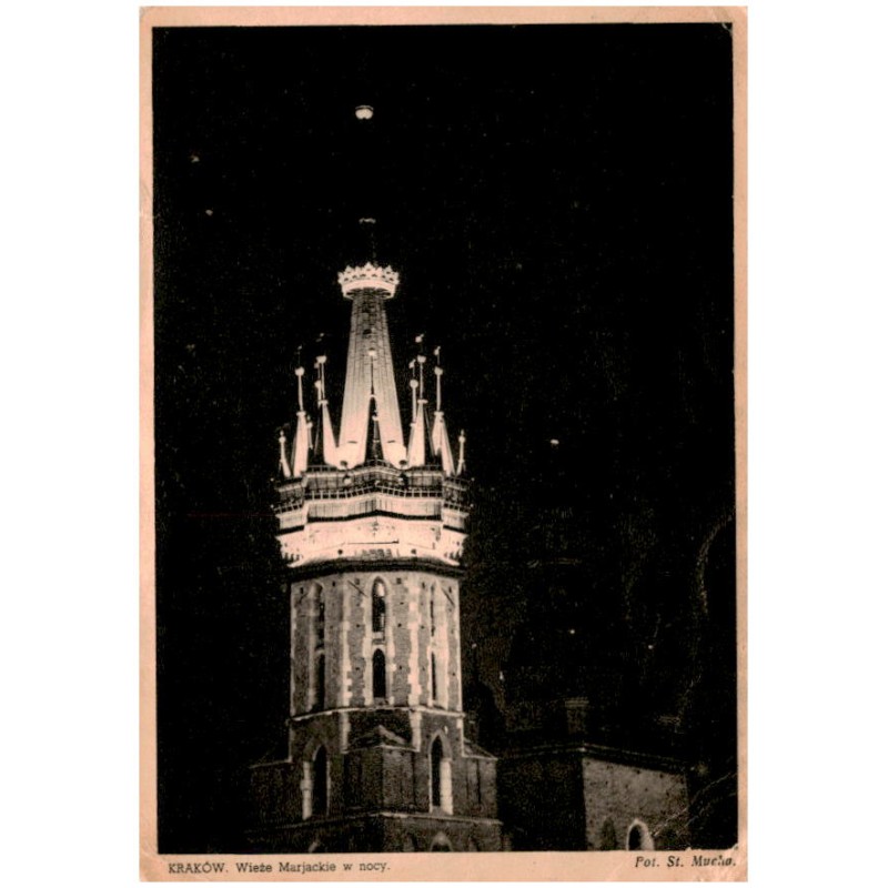 Kraków. Wieże Marjackie w nocy. Fot. St. Mucha / Rewers: Polska - Poland - Polen - Pologne. Kraków - Cracow - Krakau - Cracovie