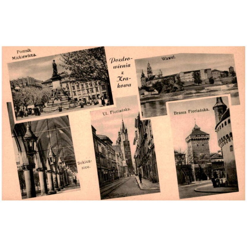 Pozdrowienia z Krakowa. Pomnik Mickiewicza. Wawel. Sukiennice. Ul. Floriańska. Brama Floriańska.