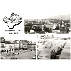 Województwo bielskie [...] Na zdjęciach: Bielsko-Biała - widok ogólny. Fabryka Samochodów Małolitrażowych. Cieszyn - Rynek. Fot.