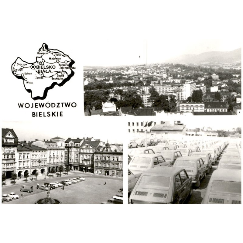 Województwo bielskie [...] Na zdjęciach: Bielsko-Biała - widok ogólny. Fabryka Samochodów Małolitrażowych. Cieszyn - Rynek. Fot.