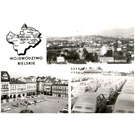 Województwo bielskie [...] Na zdjęciach: Bielsko-Biała - widok ogólny. Fabryka Samochodów Małolitrażowych. Cieszyn - Rynek. Fot.