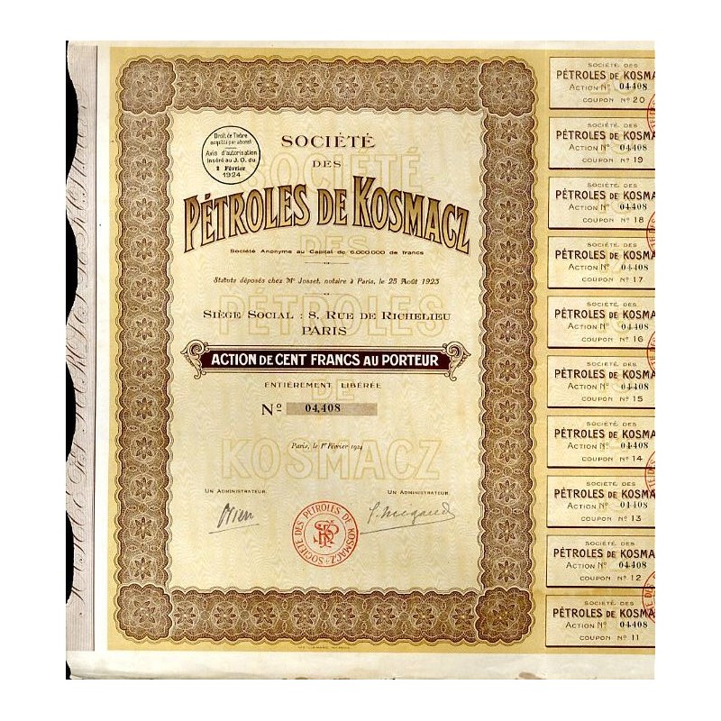 "SOCIÉTÉ DES PÉTROLES DE KOSMACZ" 500 franków na okaziciela Paryż 1.02.1924